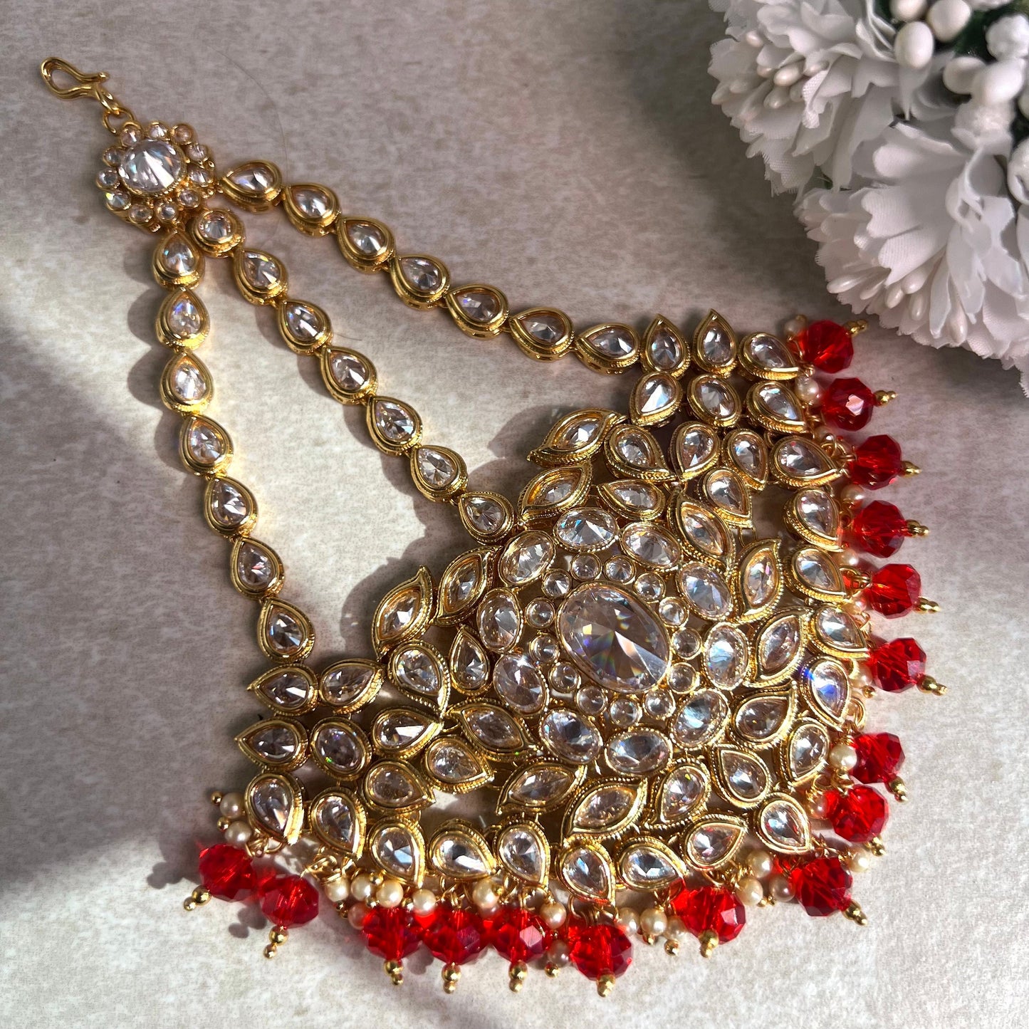 Jhumar/Red/Gold/Red Bead/Champagne zircon crystal/ Bright Gold/Faux Kundan/ Jhoomar / Passa/ Indian/ Pakistani Style/Head Piece