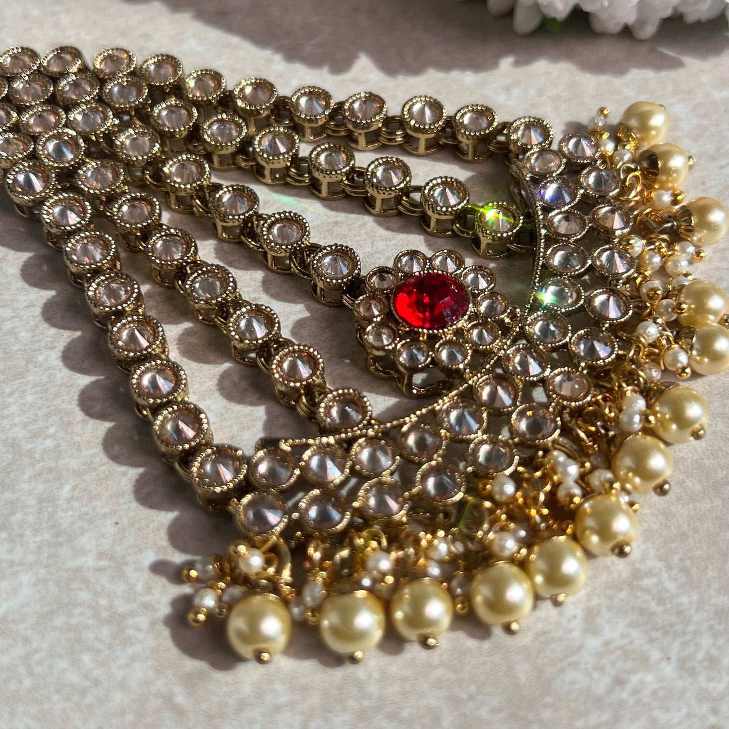 Jhumar/Red/Gold/Red Stone/Champagne zircon crystal/ Pearl/ Jhoomar / Passa/ Indian/ Pakistani Style/Head Piece