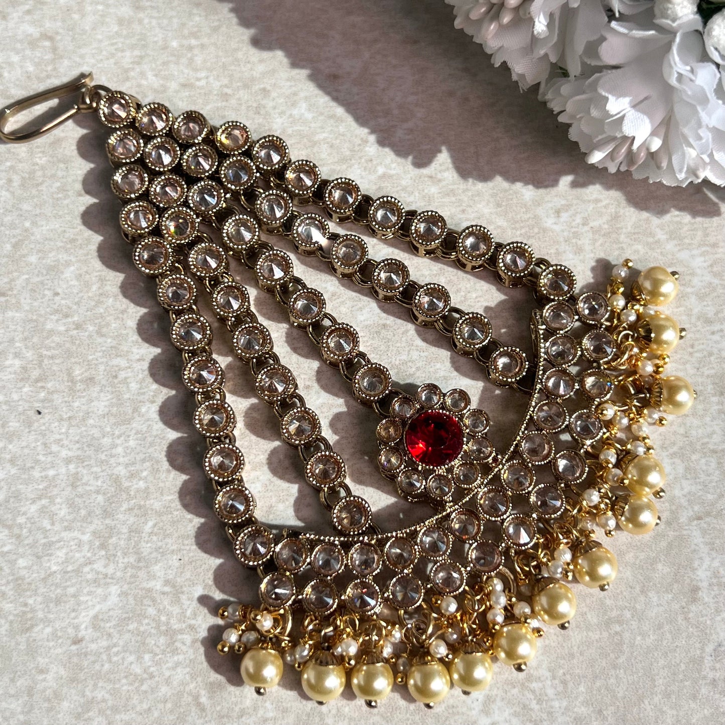 Jhumar/Red/Gold/Red Stone/Champagne zircon crystal/ Pearl/ Jhoomar / Passa/ Indian/ Pakistani Style/Head Piece