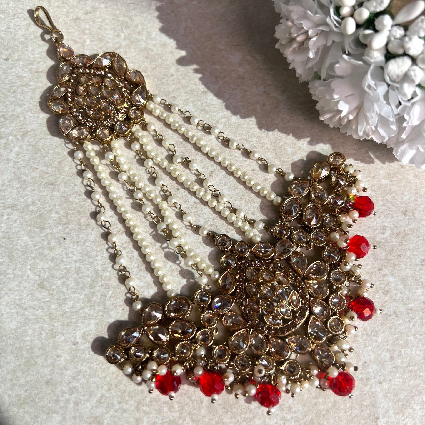 Jhumar/Red/Gold/Red Stone/Champagne zircon crystal/ Pearl/ Jhoomar / Passa/ Indian/ Pakistani Style/Head Piece