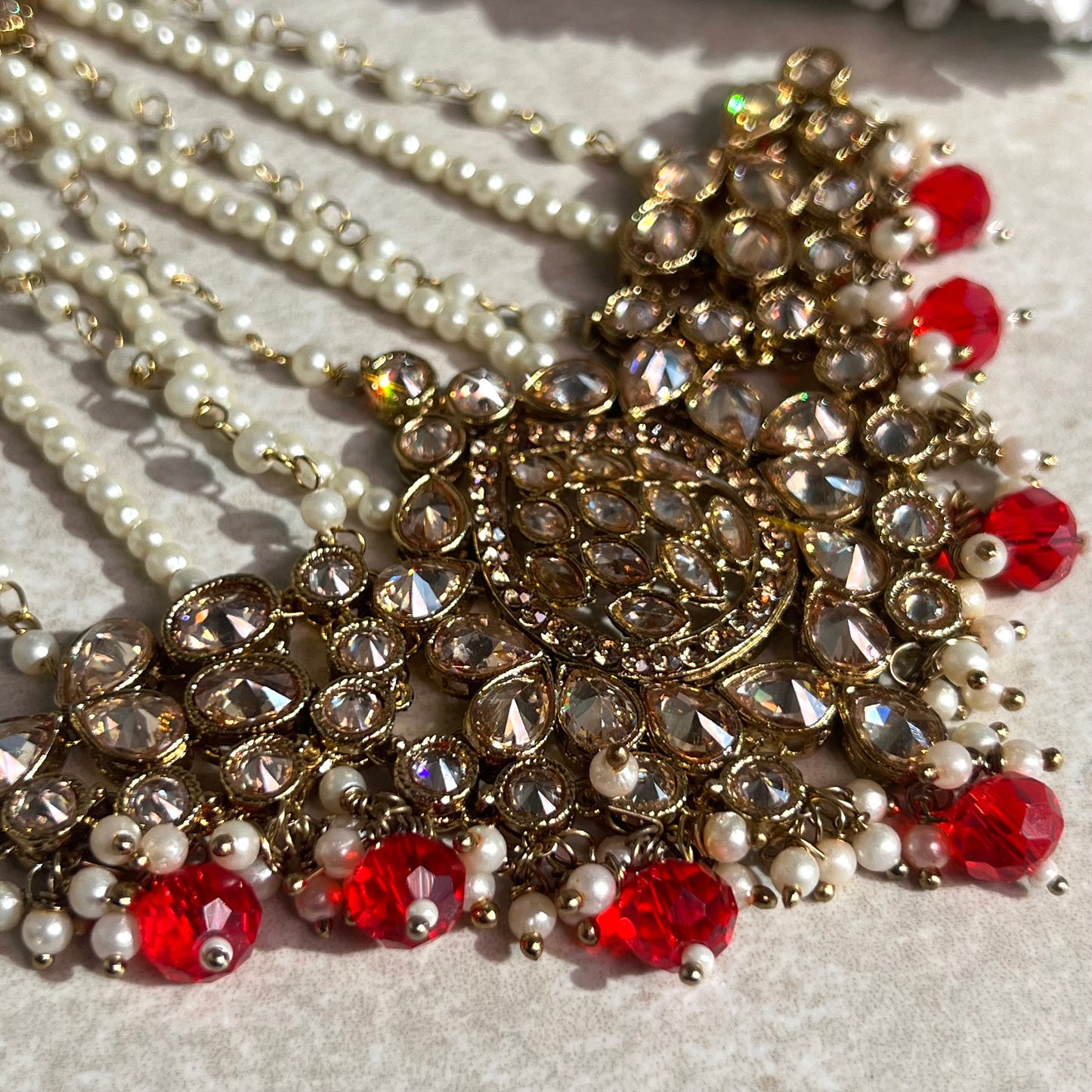 Jhumar/Red/Gold/Red Stone/Champagne zircon crystal/ Pearl/ Jhoomar / Passa/ Indian/ Pakistani Style/Head Piece