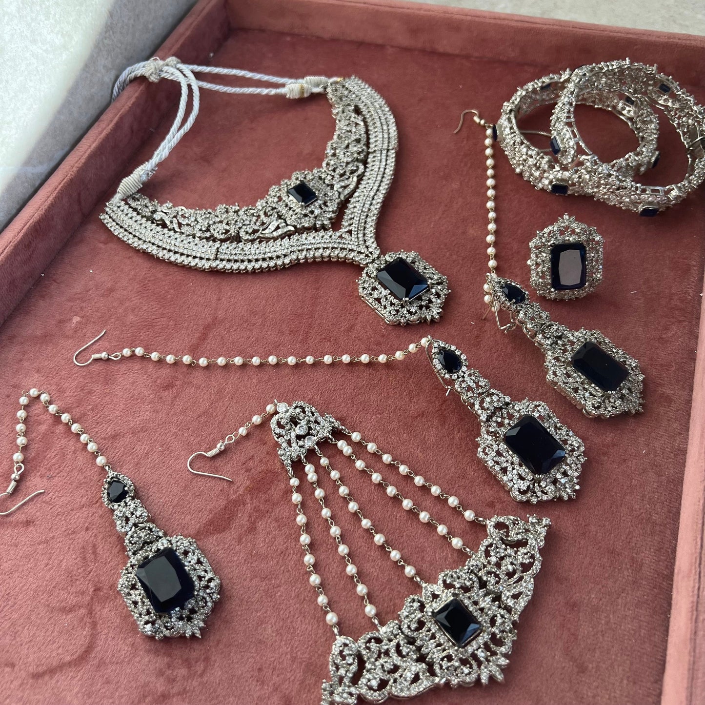 Navy Silver Bridal Set Indian Pakistani Style Choker Necklace Earring Tikka Jhumar Ring Bangles Victorian Elegant Style Civil Bride Elegant