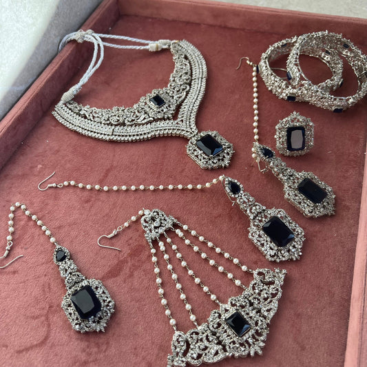 Navy Silver Bridal Set Indian Pakistani Style Choker Necklace Earring Tikka Jhumar Ring Bangles Victorian Elegant Style Civil Bride Elegant