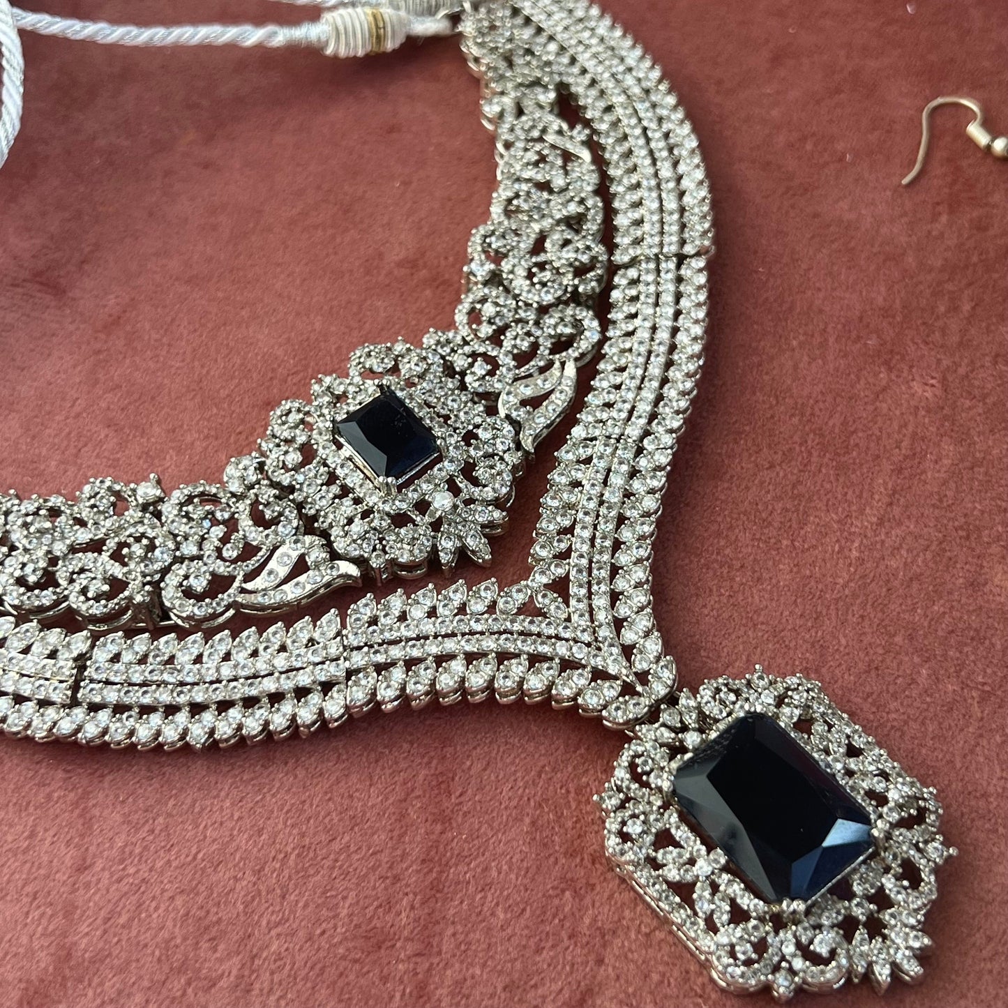 Navy Silver Bridal Set Indian Pakistani Style Choker Necklace Earring Tikka Jhumar Ring Bangles Victorian Elegant Style Civil Bride Elegant