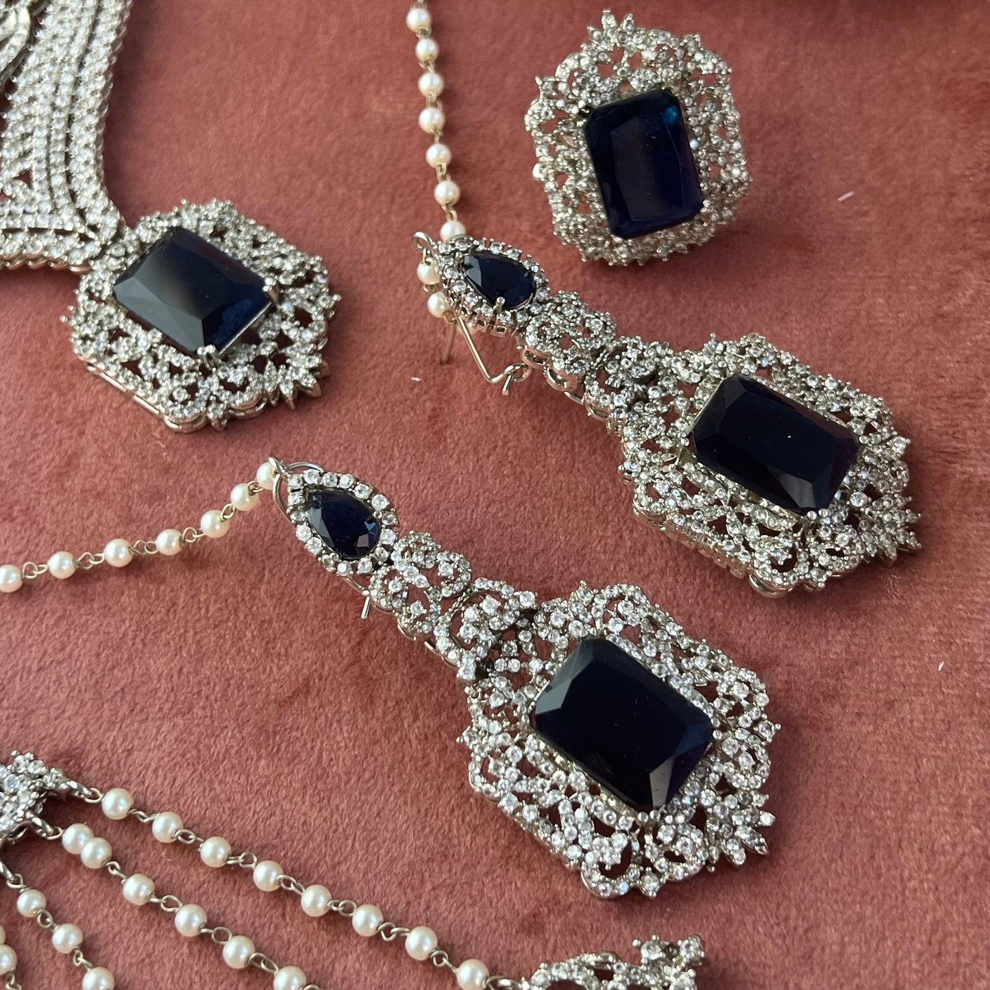 Navy Silver Bridal Set Indian Pakistani Style Choker Necklace Earring Tikka Jhumar Ring Bangles Victorian Elegant Style Civil Bride Elegant