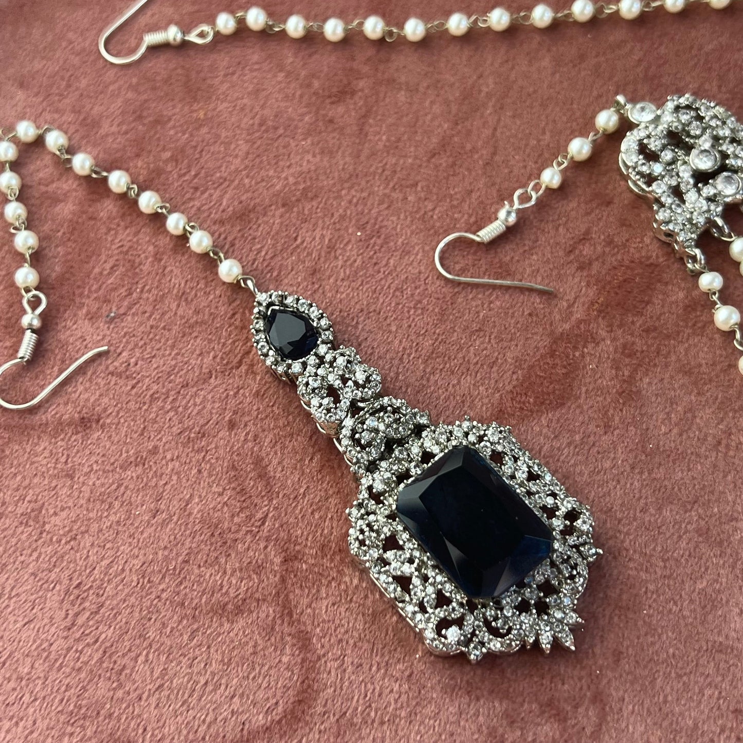 Navy Silver Bridal Set Indian Pakistani Style Choker Necklace Earring Tikka Jhumar Ring Bangles Victorian Elegant Style Civil Bride Elegant