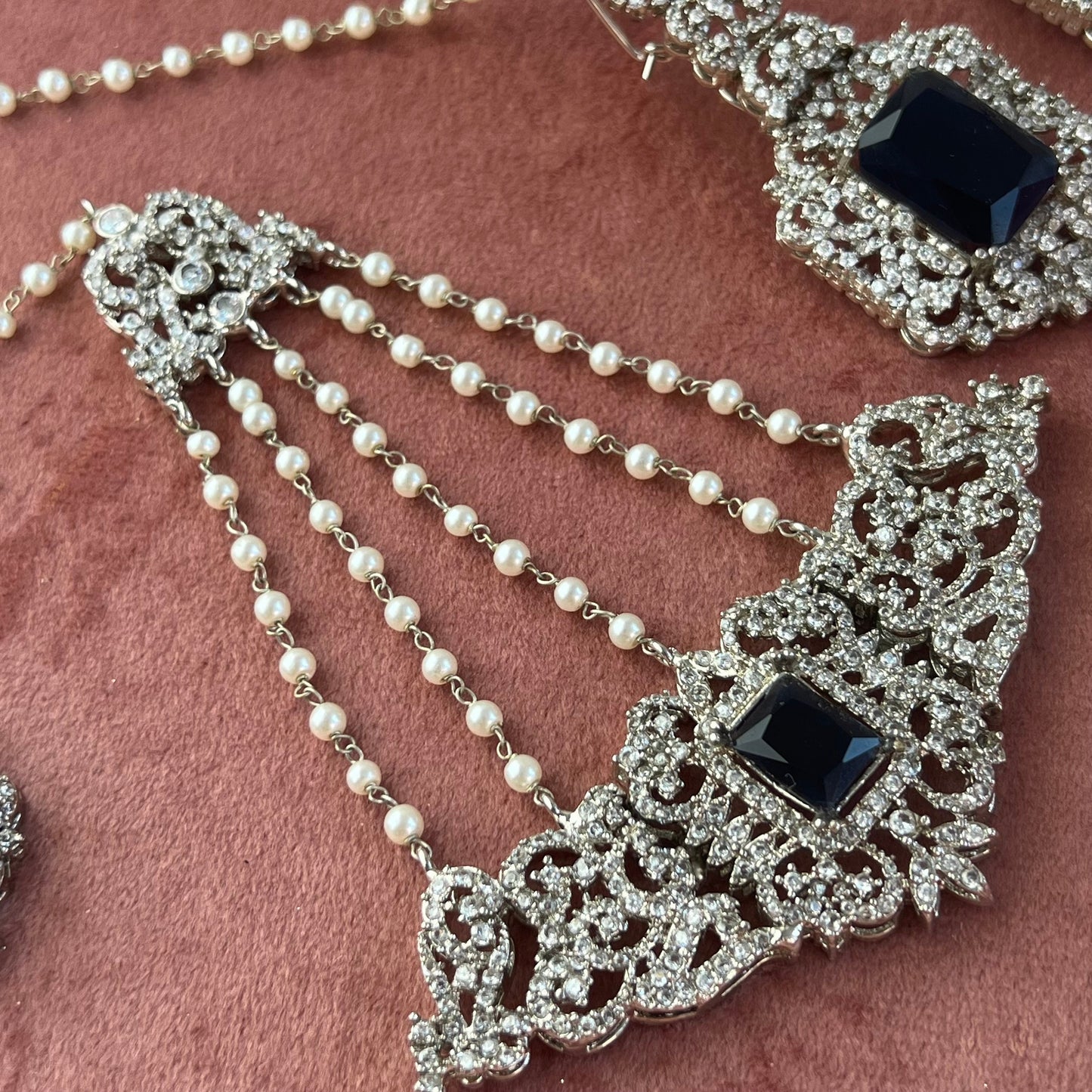 Navy Silver Bridal Set Indian Pakistani Style Choker Necklace Earring Tikka Jhumar Ring Bangles Victorian Elegant Style Civil Bride Elegant