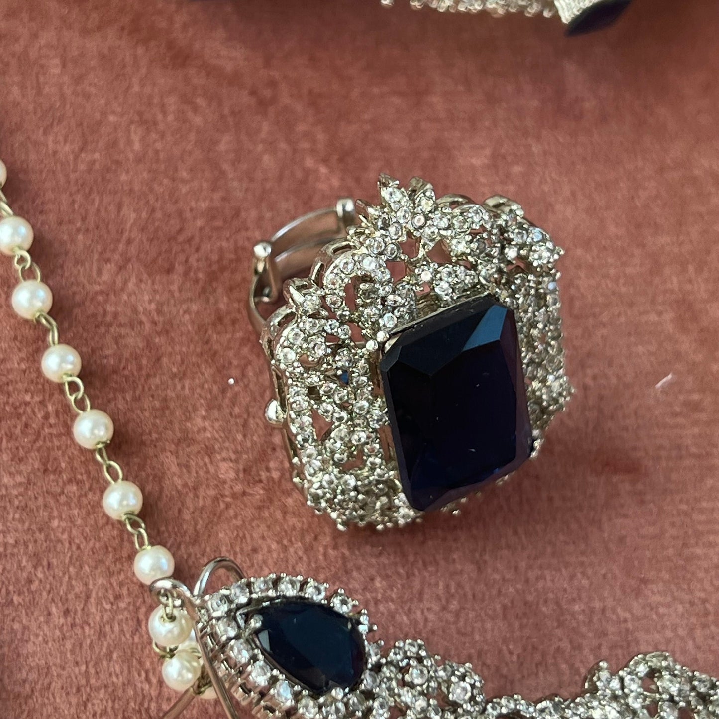 Navy Silver Bridal Set Indian Pakistani Style Choker Necklace Earring Tikka Jhumar Ring Bangles Victorian Elegant Style Civil Bride Elegant