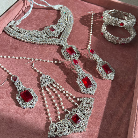 Ruby Silver Bridal Set Indian Pakistani Style Choker Necklace Earring Tikka Jhumar Ring Bangles Victorian Elegant Style Civil Bride Elegant
