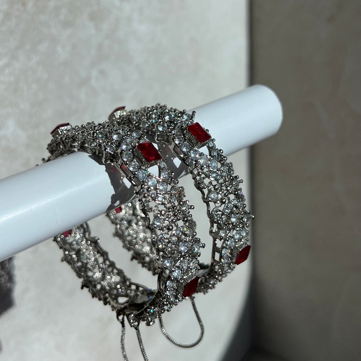 Ruby Silver Bridal Set Indian Pakistani Style Choker Necklace Earring Tikka Jhumar Ring Bangles Victorian Elegant Style Civil Bride Elegant