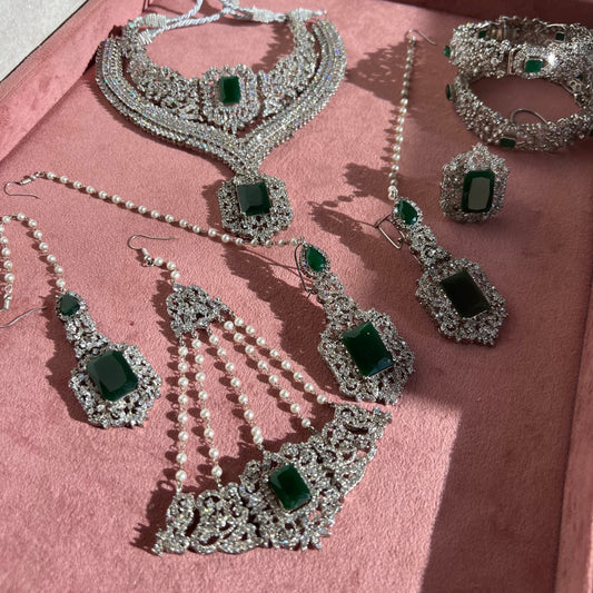 Emerald Green Silver Bridal Set Indian/ Pakistani Style/ Choker/ Necklace/ Earring/ Tikka/ Jhumar/ Ring/ Bangles/Victorian Elegant Style/