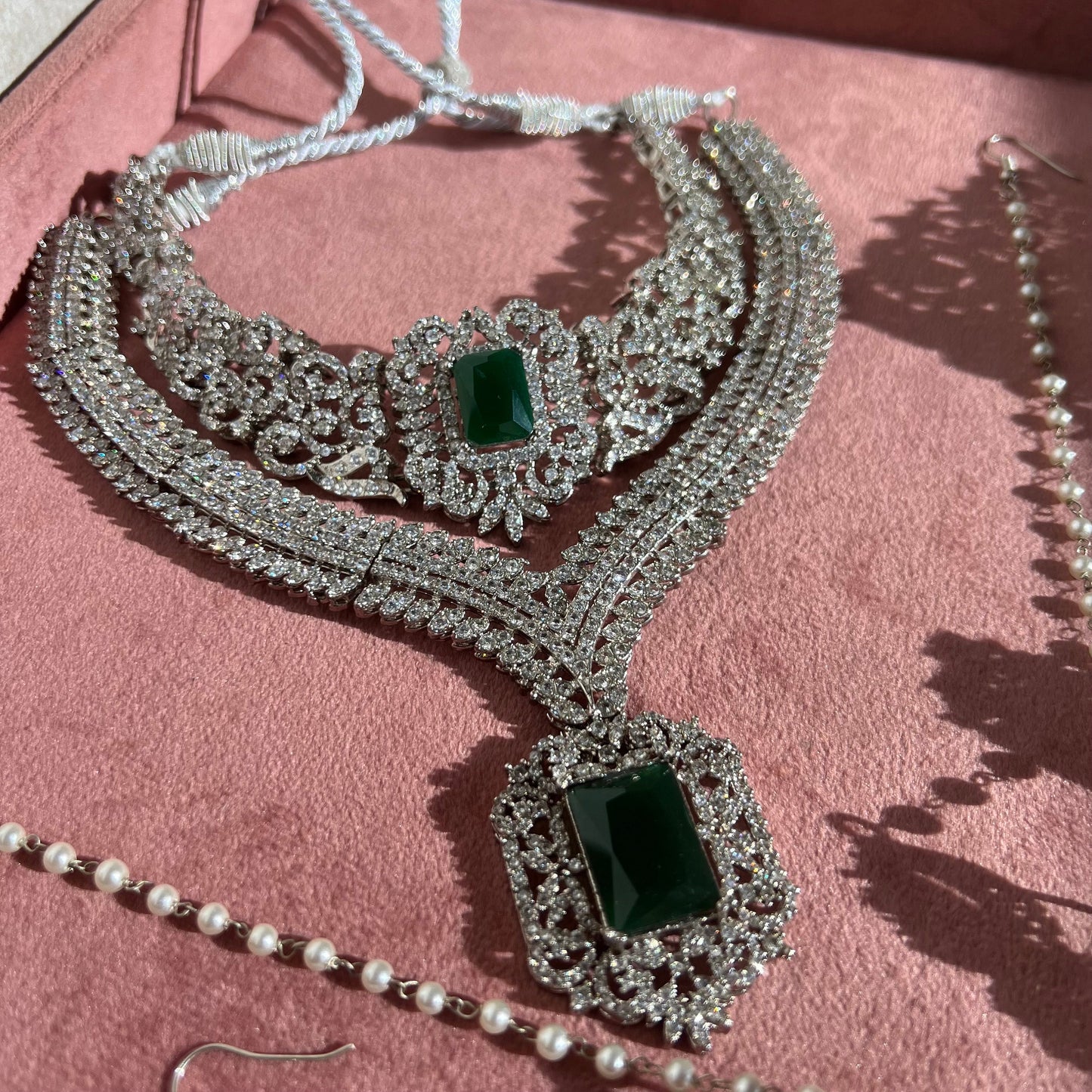 Emerald Green Silver Bridal Set Indian/ Pakistani Style/ Choker/ Necklace/ Earring/ Tikka/ Jhumar/ Ring/ Bangles/Victorian Elegant Style/