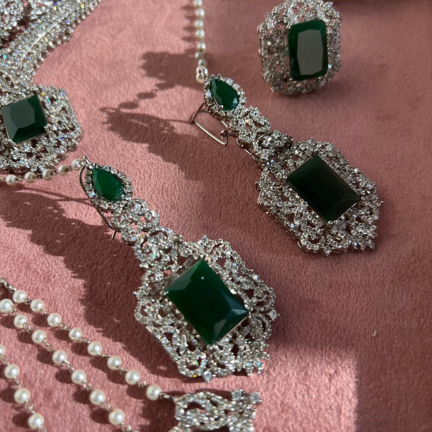 Emerald Green Silver Bridal Set Indian/ Pakistani Style/ Choker/ Necklace/ Earring/ Tikka/ Jhumar/ Ring/ Bangles/Victorian Elegant Style/