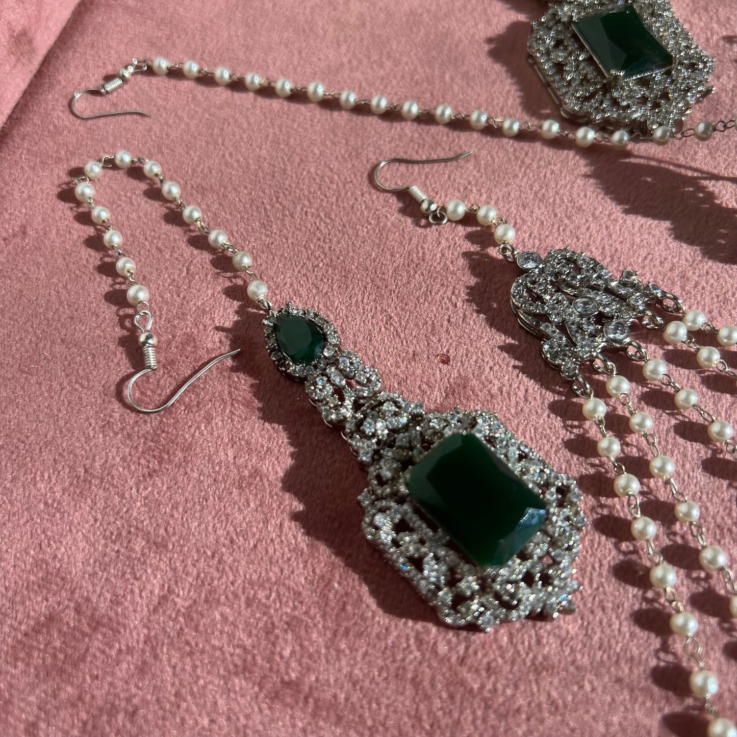 Emerald Green Silver Bridal Set Indian/ Pakistani Style/ Choker/ Necklace/ Earring/ Tikka/ Jhumar/ Ring/ Bangles/Victorian Elegant Style/