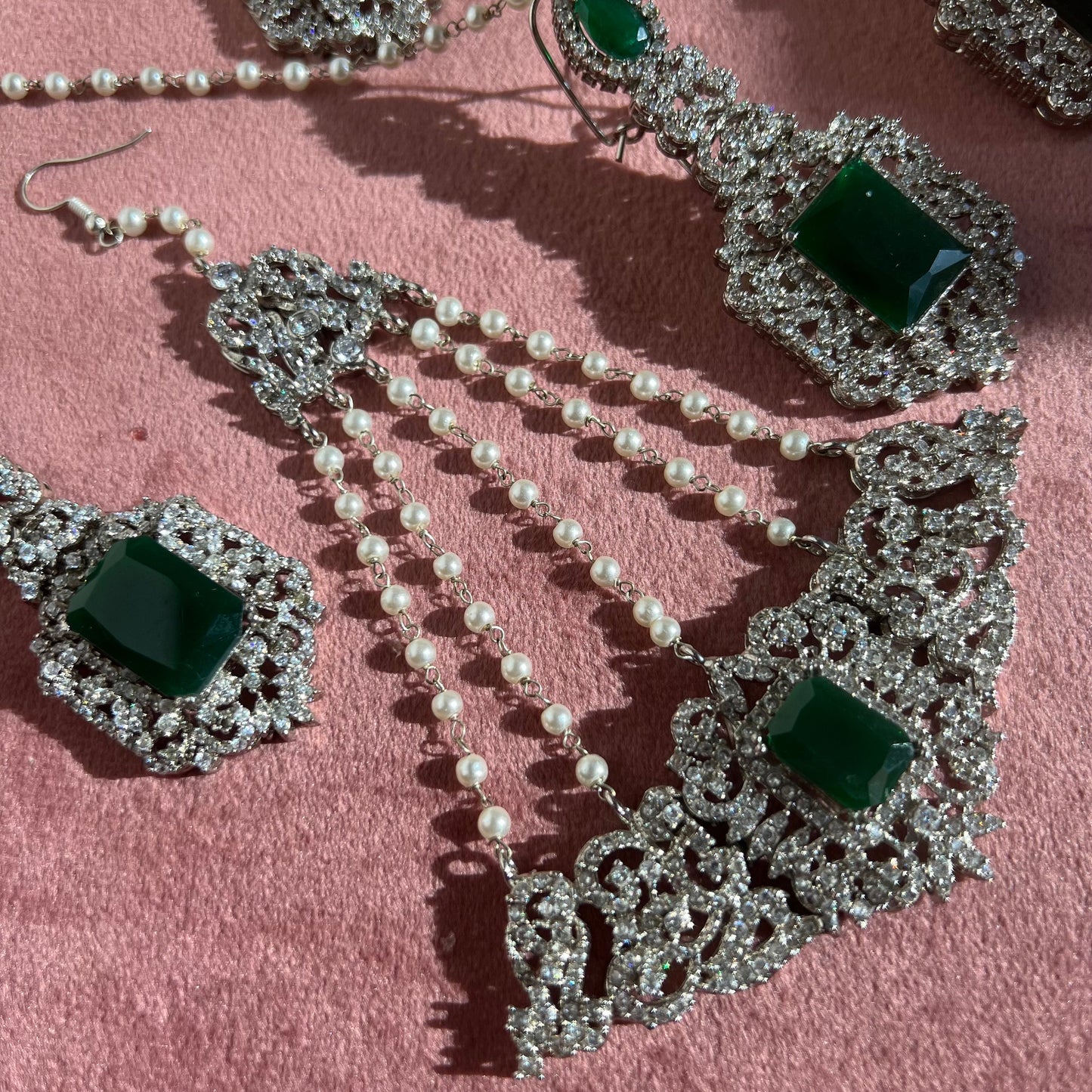 Emerald Green Silver Bridal Set Indian/ Pakistani Style/ Choker/ Necklace/ Earring/ Tikka/ Jhumar/ Ring/ Bangles/Victorian Elegant Style/