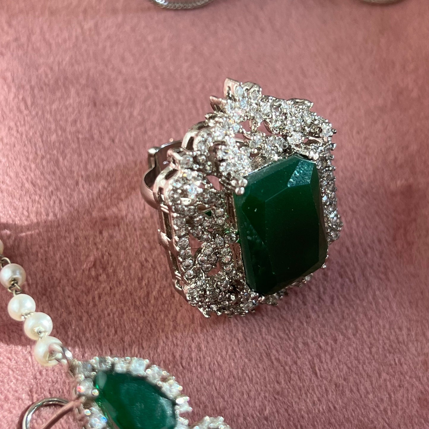 Emerald Green Silver Bridal Set Indian/ Pakistani Style/ Choker/ Necklace/ Earring/ Tikka/ Jhumar/ Ring/ Bangles/Victorian Elegant Style/