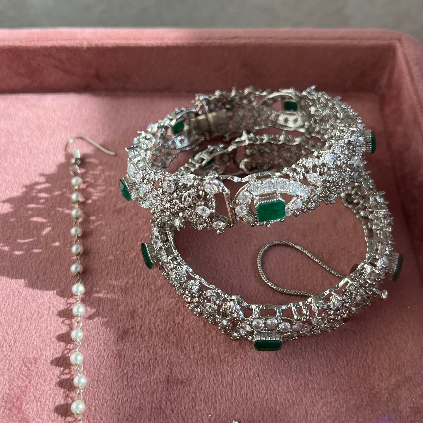 Emerald Green Silver Bridal Set Indian/ Pakistani Style/ Choker/ Necklace/ Earring/ Tikka/ Jhumar/ Ring/ Bangles/Victorian Elegant Style/