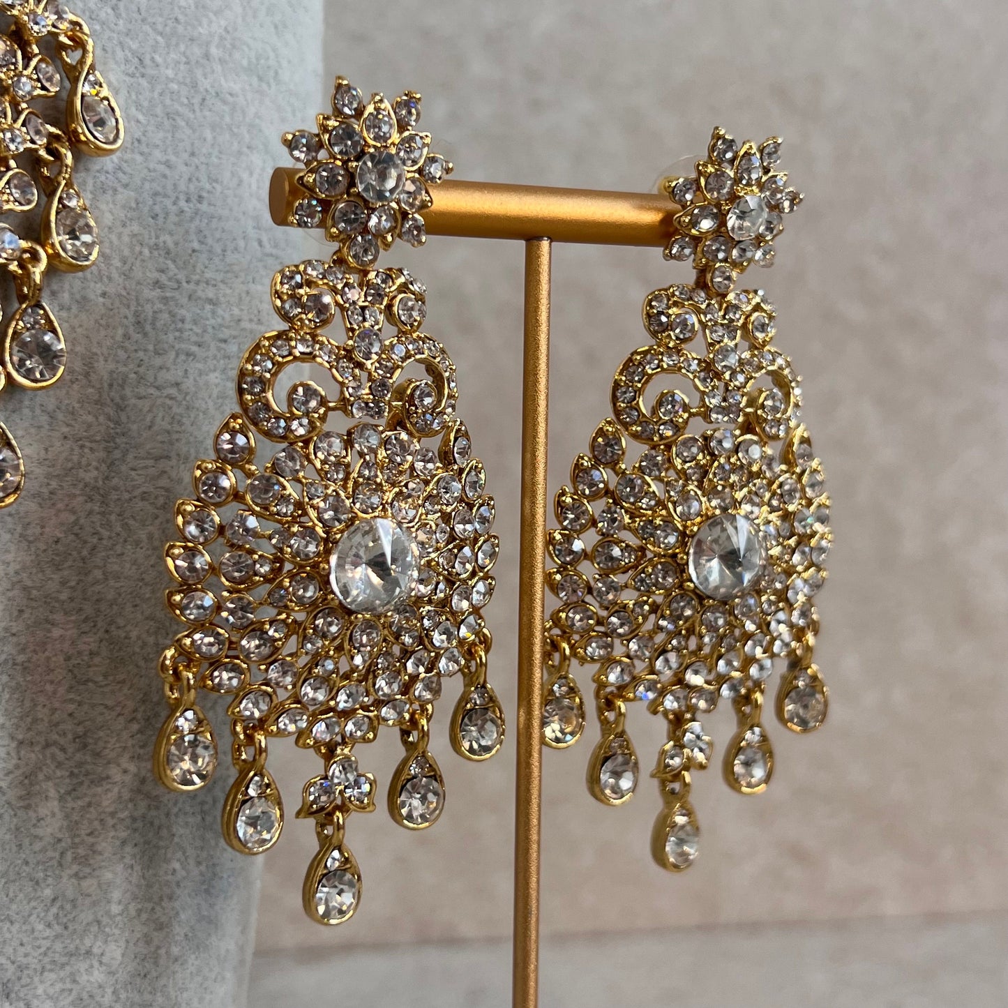 Long Clear Rhinestone Necklace Set with Earring Tikka /Long Mala/ Haar/ Unique Style/ Indian/ Pakistani/Fashion Jewellery/ Gift for Women