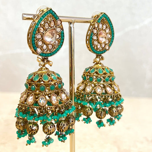 Teal Large Tear Drop Jhumka Earrings - Indian Style Earring/Pakistani fashion/ Mendhi/Party/Haldi/ Diwali Gift/ Eid Gift