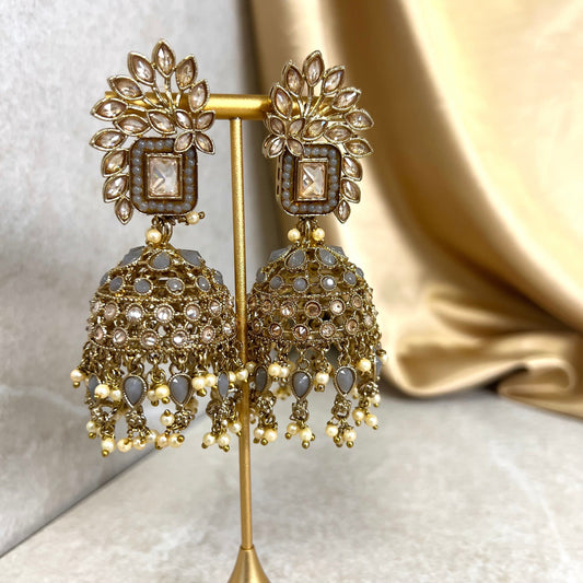 Grey Large Vine Leaf Jhumka Earrings - Indian Style Earring/Pakistani fashion/ Mendhi/Party/Haldi/ Diwali Gift/ Eid Gift