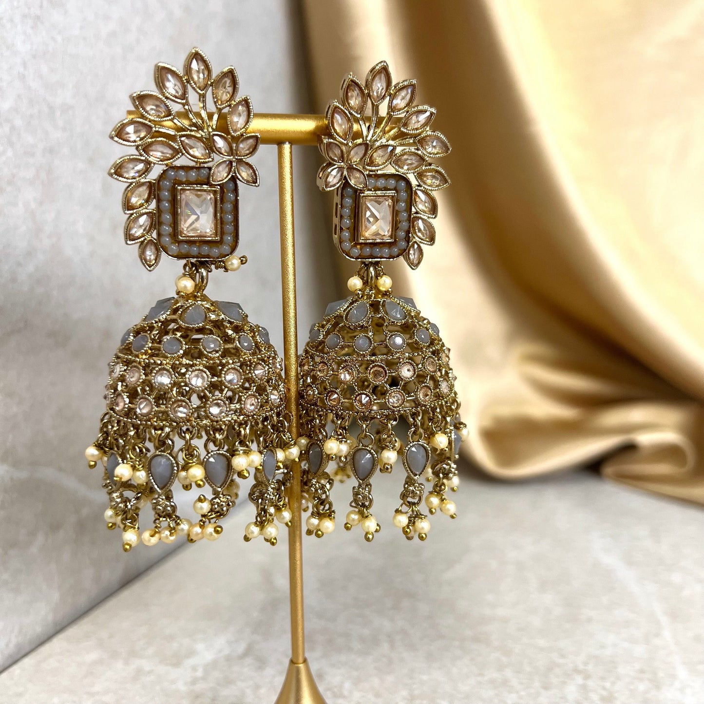 Grey Large Vine Leaf Jhumka Earrings - Indian Style Earring/Pakistani fashion/ Mendhi/Party/Haldi/ Diwali Gift/ Eid Gift