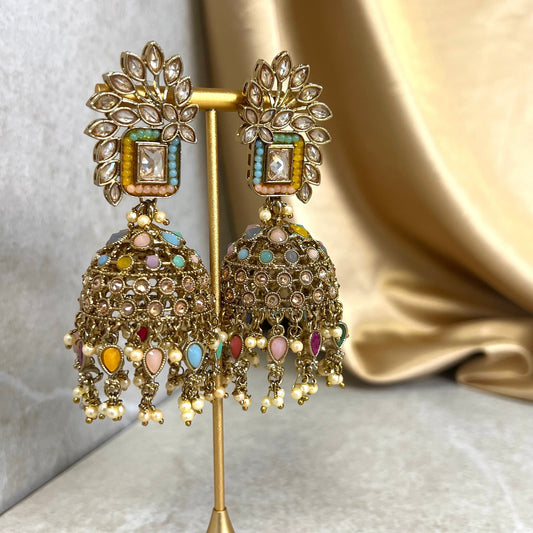 Multicolour Pastel Large Vine Leaf Jhumka Earrings - Indian Style Earring/Pakistani fashion/ Mendhi/Party/Haldi/ Diwali Gift/ Eid Gift