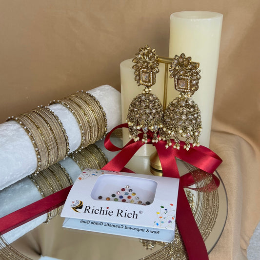 Gift Set For Her - Golden/Champagne Stone Jhumka Earrings, Small Bangles Set & Pack of Multicolour Bindi Pack/Valentines gifts