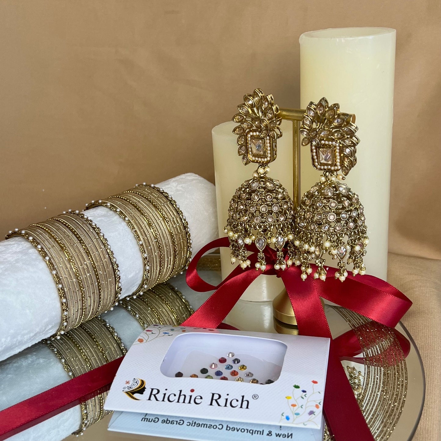 Gift Set For Her - Golden/Champagne Stone Jhumka Earrings, Small Bangles Set & Pack of Multicolour Bindi Pack/Valentines gifts