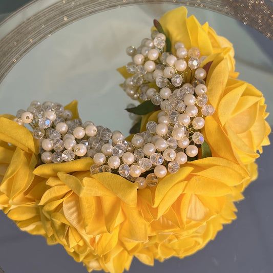 Ladies Floral Bun Gajra Artificial Flower Accessory - Yellow/ Unique Style/Crystals/ Indian/ Pakistani/Fashion Jewellery/ Gift for Women
