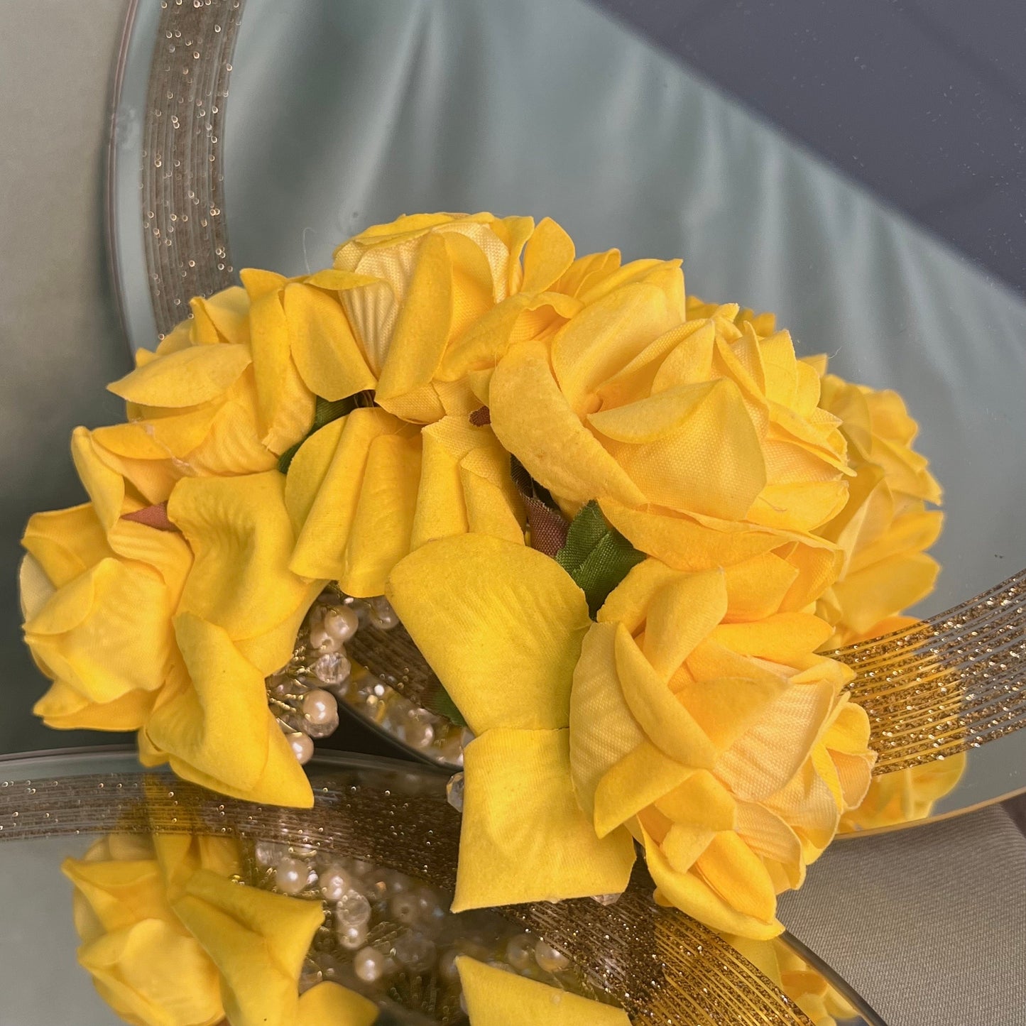 Ladies Floral Bun Gajra Artificial Flower Accessory - Yellow/ Unique Style/Crystals/ Indian/ Pakistani/Fashion Jewellery/ Gift for Women