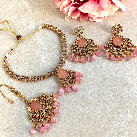 Pink/ Ombré Pink Necklace Set Earring/ Tikka/ Tikli/ Indian/ Pakistani/Fashion Jewellery/ Gift for Women