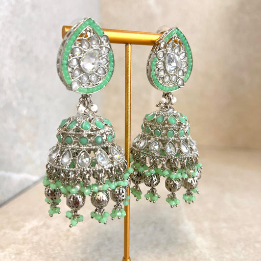 Mint and Silver Large Tear Drop Jhumka Earrings - Indian Style Earring/Pakistani fashion/ Mendhi/Party/Haldi/ Diwali Gift/ Eid Gift