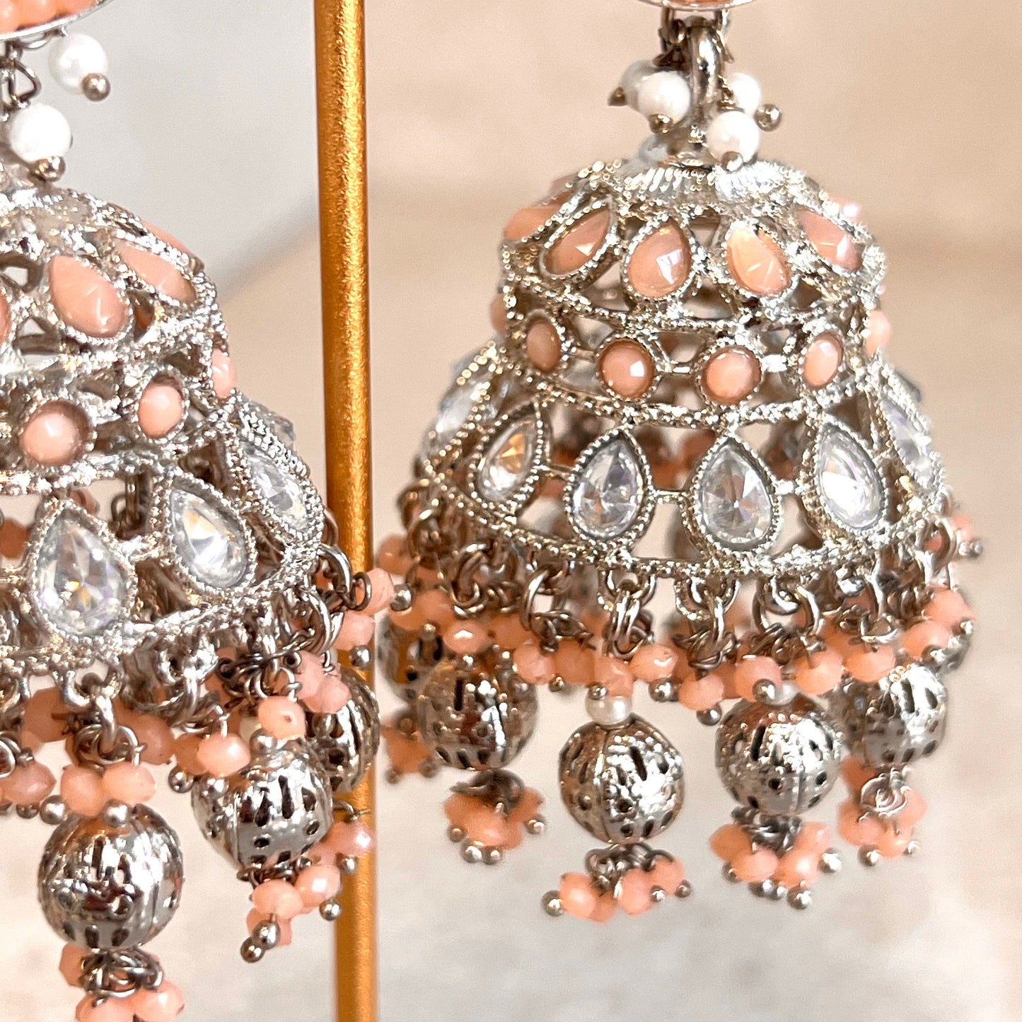 Peach and Silver Large Tear Drop Jhumka Earrings - Indian Style Earring/Pakistani fashion/ Mendhi/Party/Haldi/ Diwali Gift/ Eid Gift