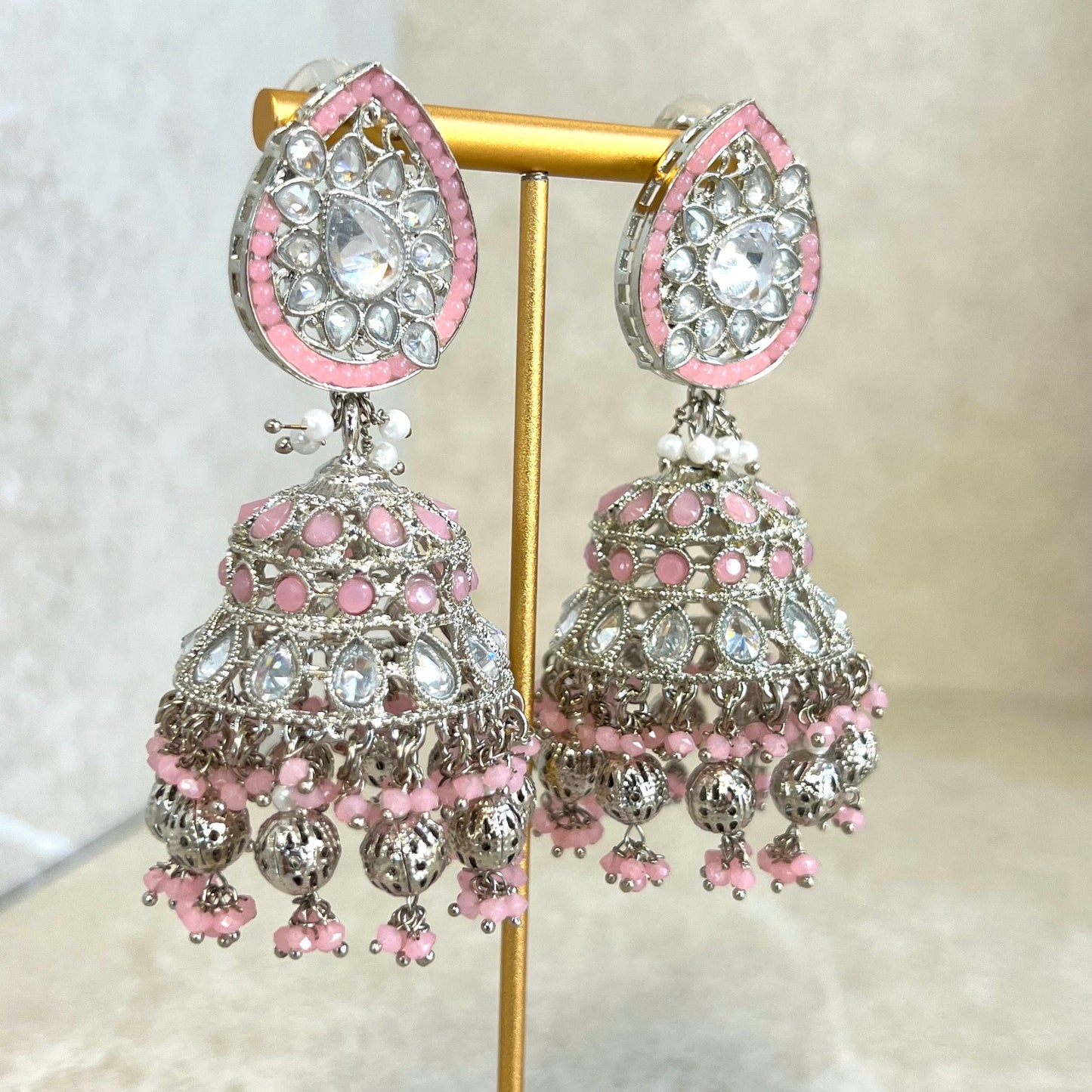 Pink and Silver Large Tear Drop Jhumka Earrings - Indian Style Earring/Pakistani fashion/ Mendhi/Party/Haldi/ Diwali Gift/ Eid Gift