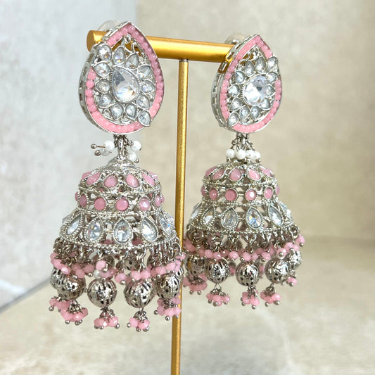 Pink and Silver Large Tear Drop Jhumka Earrings - Indian Style Earring/Pakistani fashion/ Mendhi/Party/Haldi/ Diwali Gift/ Eid Gift