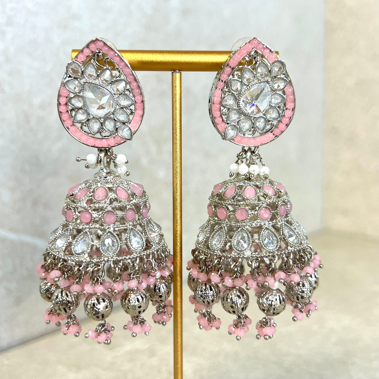 Pink and Silver Large Tear Drop Jhumka Earrings - Indian Style Earring/Pakistani fashion/ Mendhi/Party/Haldi/ Diwali Gift/ Eid Gift
