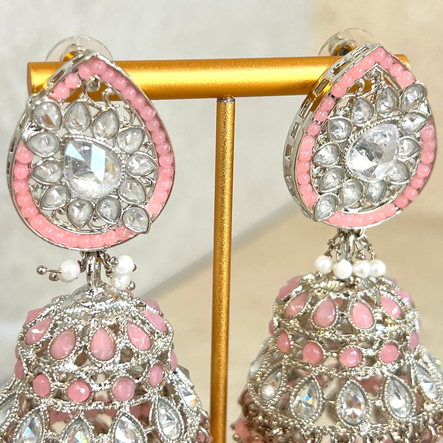 Pink and Silver Large Tear Drop Jhumka Earrings - Indian Style Earring/Pakistani fashion/ Mendhi/Party/Haldi/ Diwali Gift/ Eid Gift