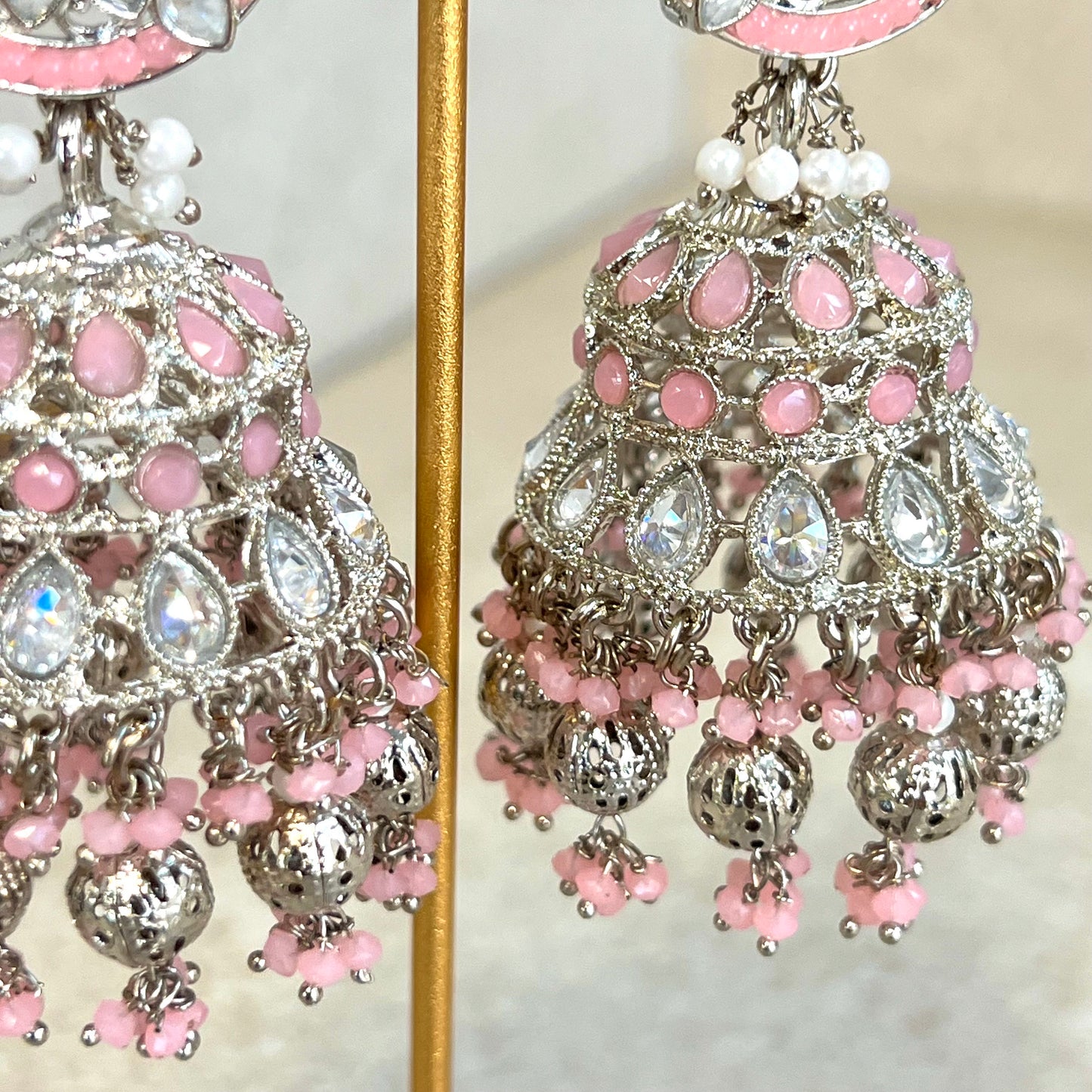 Pink and Silver Large Tear Drop Jhumka Earrings - Indian Style Earring/Pakistani fashion/ Mendhi/Party/Haldi/ Diwali Gift/ Eid Gift