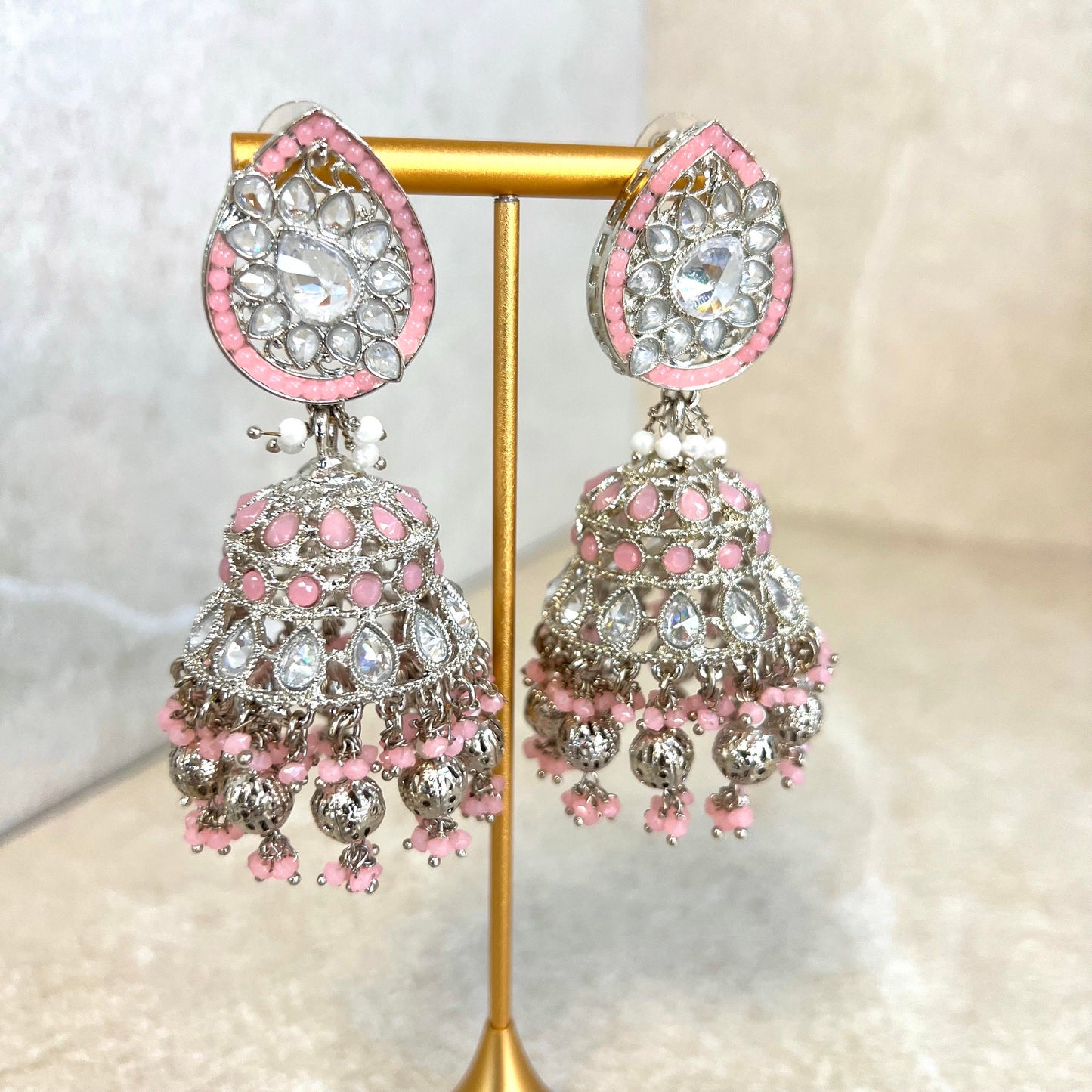Pink and Silver Large Tear Drop Jhumka Earrings - Indian Style Earring/Pakistani fashion/ Mendhi/Party/Haldi/ Diwali Gift/ Eid Gift