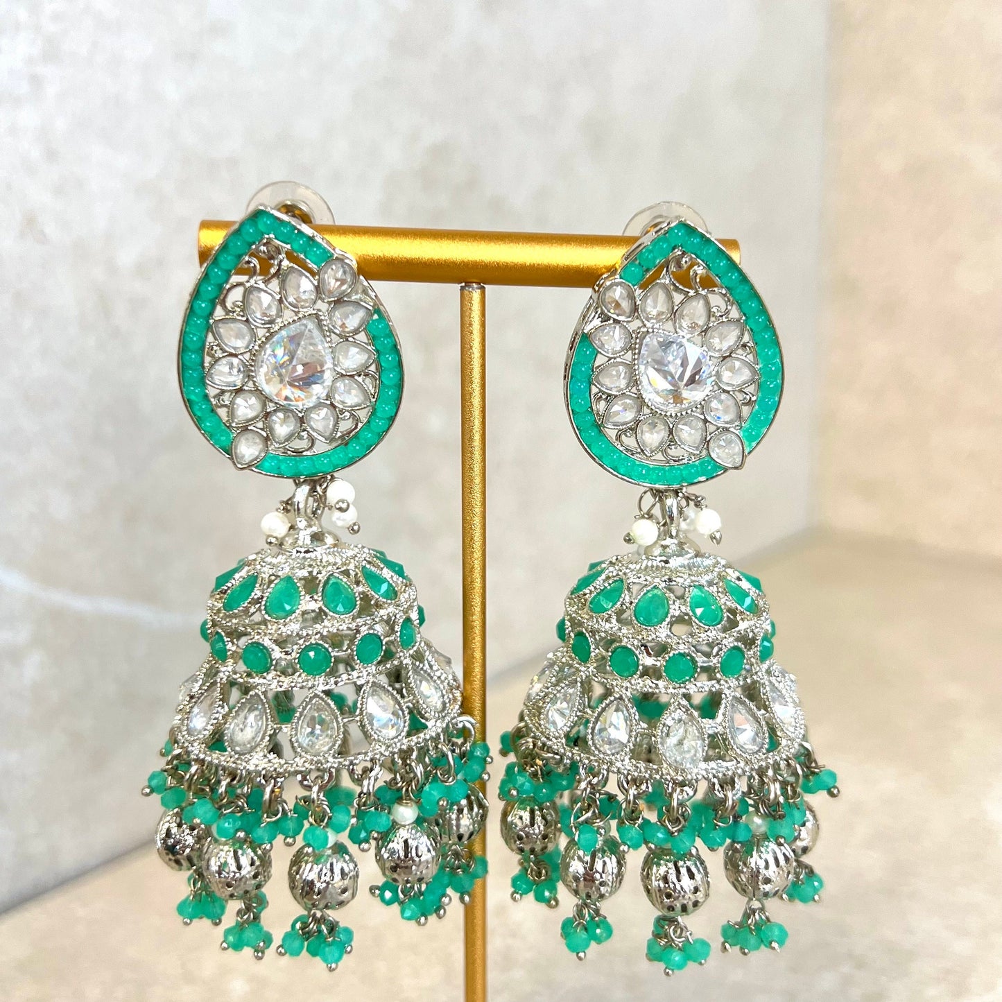 Teal and Silver Large Tear Drop Jhumka Earrings - Indian Style Earring/Pakistani fashion/ Mendhi/Party/Haldi/ Diwali Gift/ Eid Gift