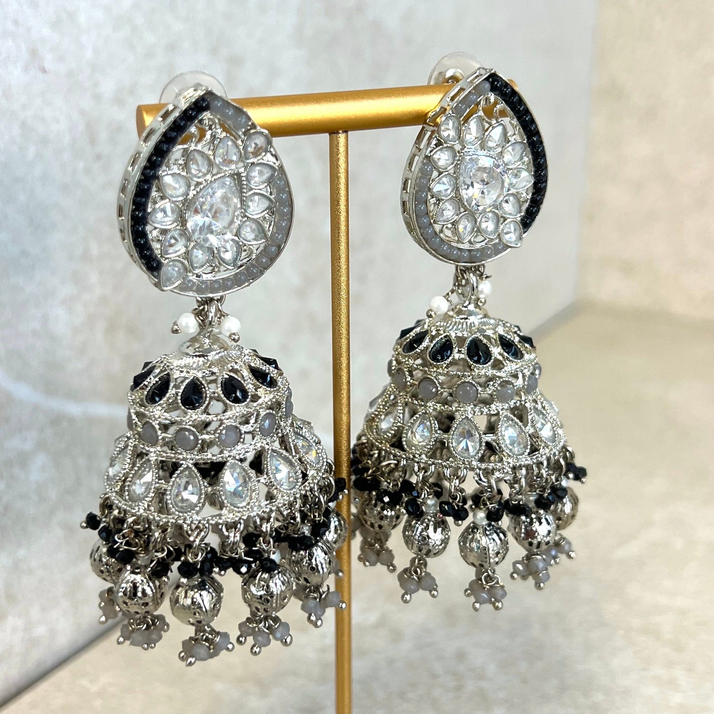 Black/ Grey and Silver Large Tear Drop Jhumka Earrings - Indian Style Earring/Pakistani fashion/ Mendhi/Party/Haldi/ Diwali Gift/ Eid Gift