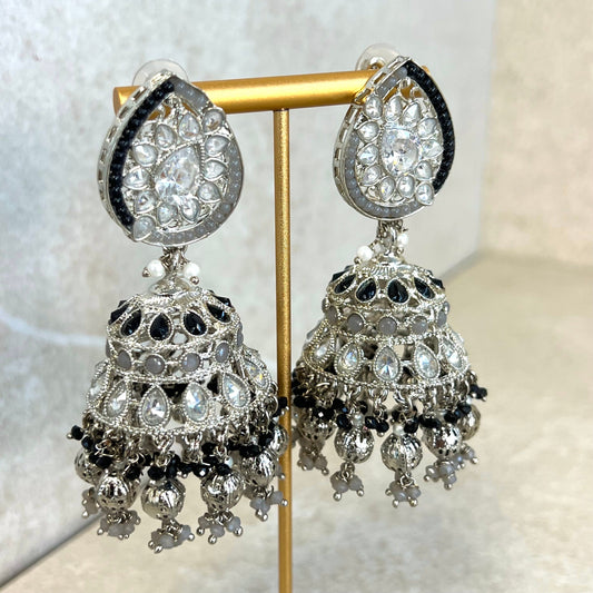 Black/ Grey and Silver Large Tear Drop Jhumka Earrings - Indian Style Earring/Pakistani fashion/ Mendhi/Party/Haldi/ Diwali Gift/ Eid Gift