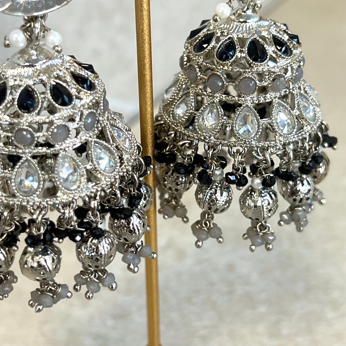 Black/ Grey and Silver Large Tear Drop Jhumka Earrings - Indian Style Earring/Pakistani fashion/ Mendhi/Party/Haldi/ Diwali Gift/ Eid Gift