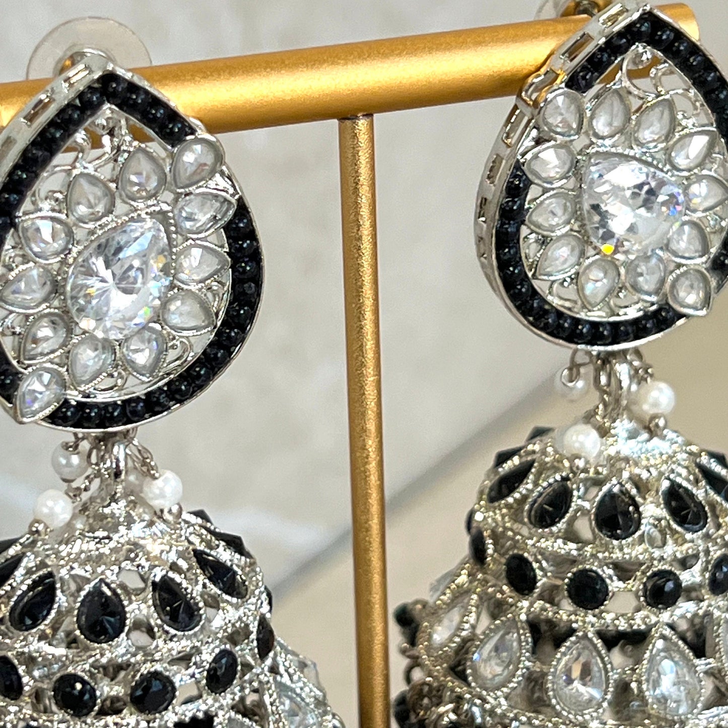 Black/ Grey and Silver Large Tear Drop Jhumka Earrings - Indian Style Earring/Pakistani fashion/ Mendhi/Party/Haldi/ Diwali Gift/ Eid Gift
