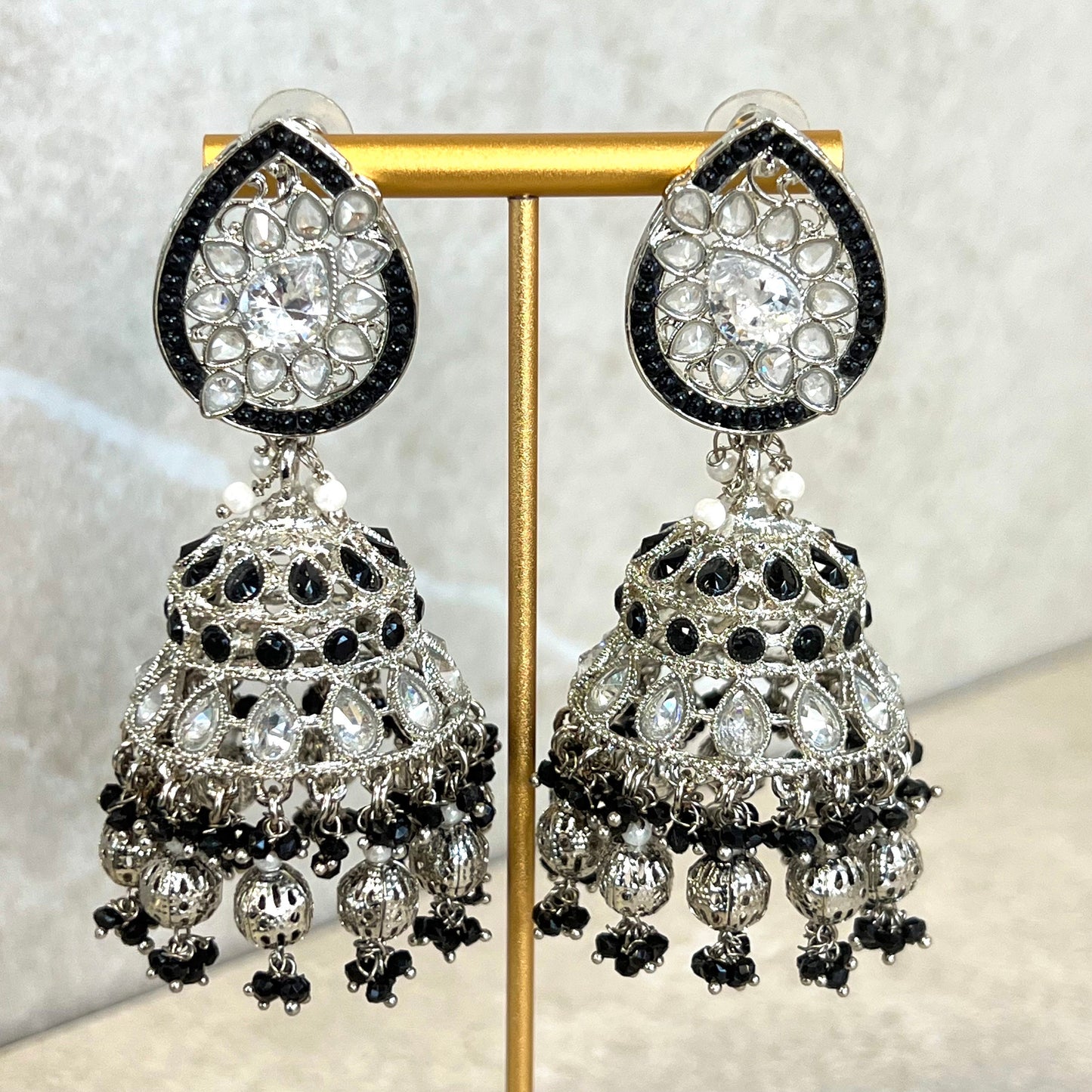 Black/ Grey and Silver Large Tear Drop Jhumka Earrings - Indian Style Earring/Pakistani fashion/ Mendhi/Party/Haldi/ Diwali Gift/ Eid Gift