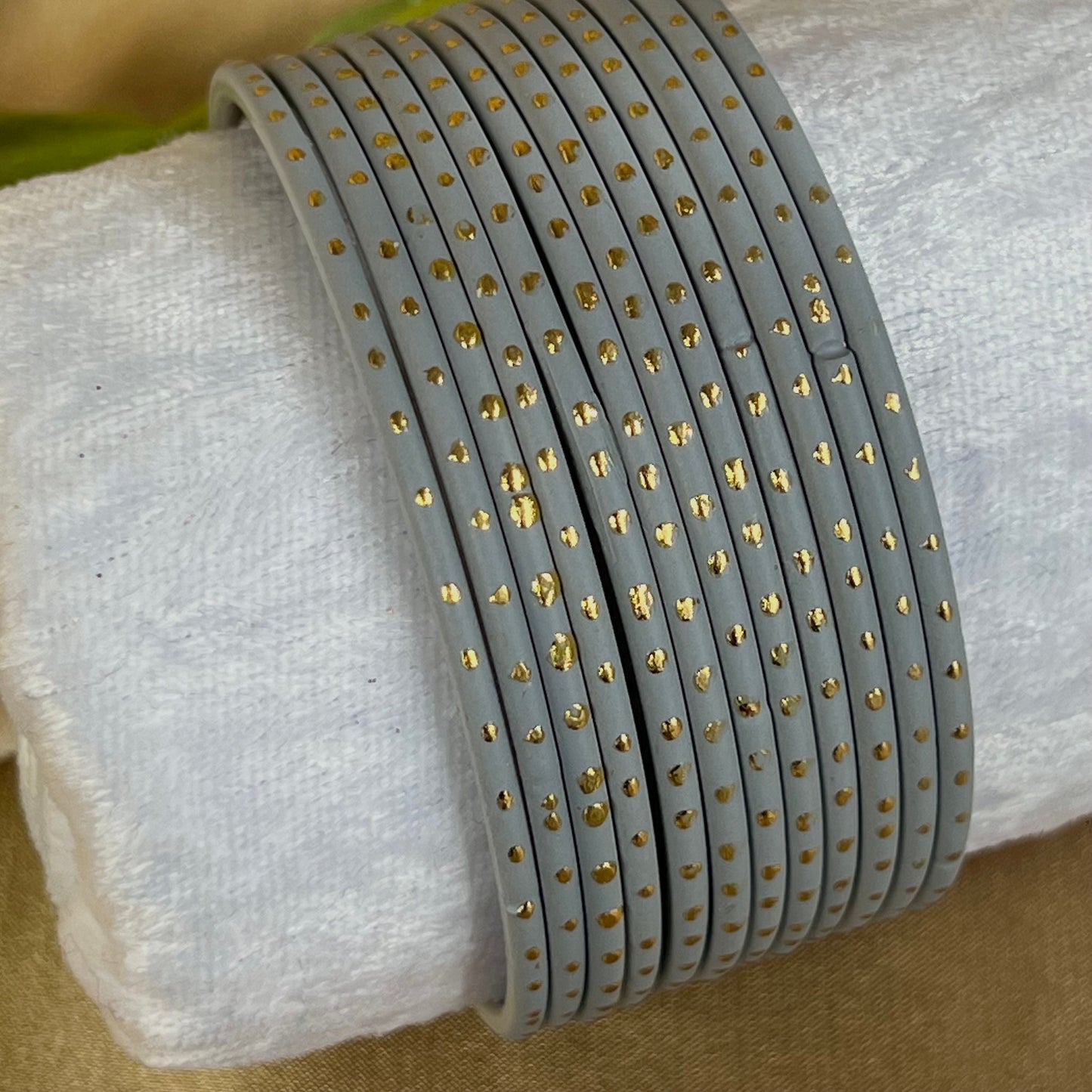 Grey Matte Gold Dot Single Bangles - Set of 12 - Indian Bangles/Braclets/Matte Bangles/Indian & Pakistani Jewellery