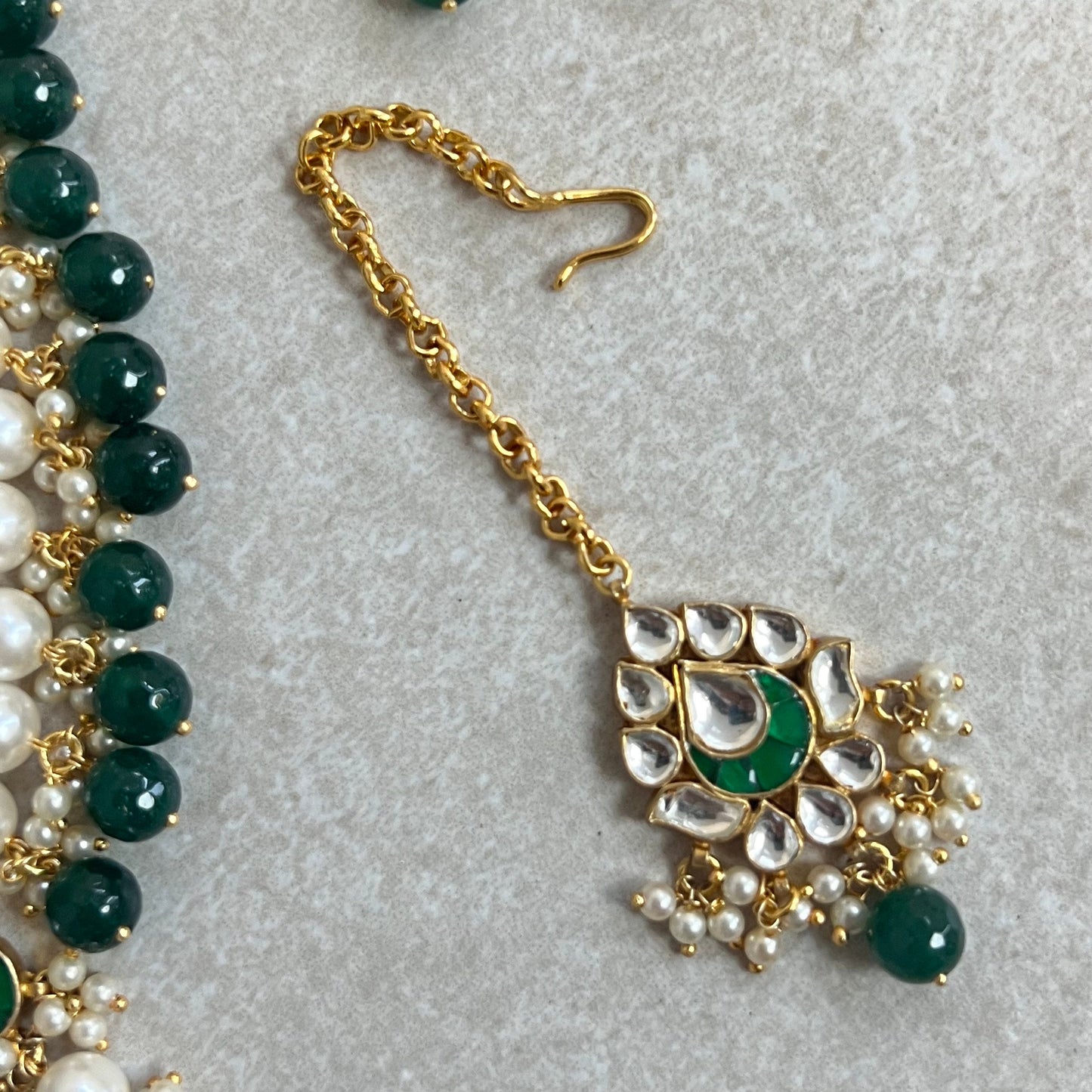 Green Faux Kundan Bright Gold set with Earring and Tikka/ Unique Style/ Indian/ Pakistani/Fashion Jewellery/ Gift for Women