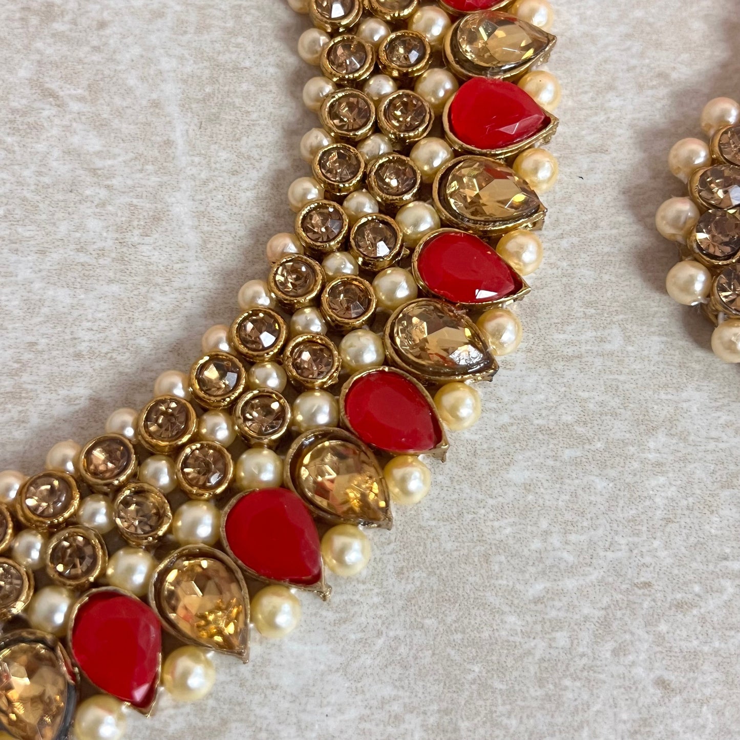 Red and Gold Rhinestone Necklace Set Earring and Tikka/  Indian/ Pakistani/Fashion Jewellery/ Gift for Women/ Diwali/ Eid/ Party