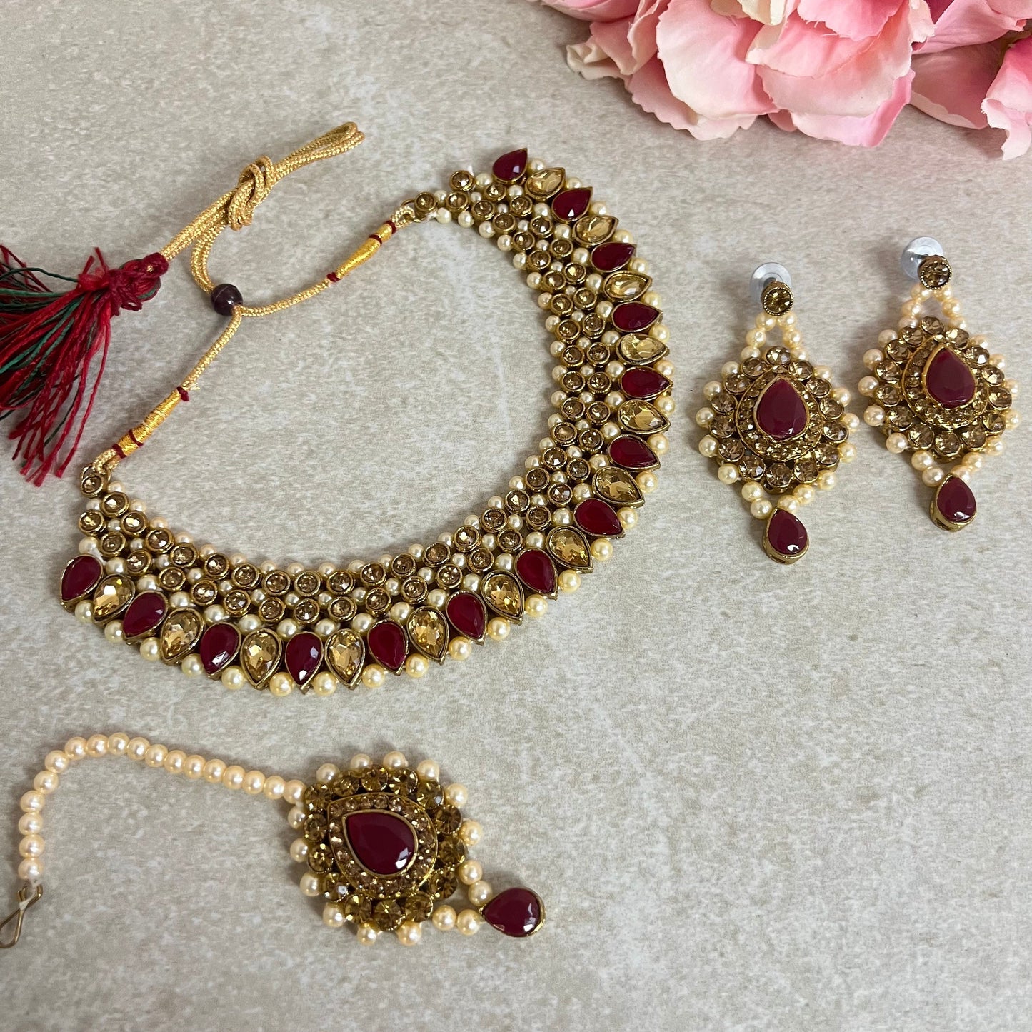 Ruby/ Maroon/Dark Purple Gold Rhinestone Necklace Set Earring and Tikka/  Indian/ Pakistani/Fashion Jewellery/ Gift for Women/ Diwali/ Eid/