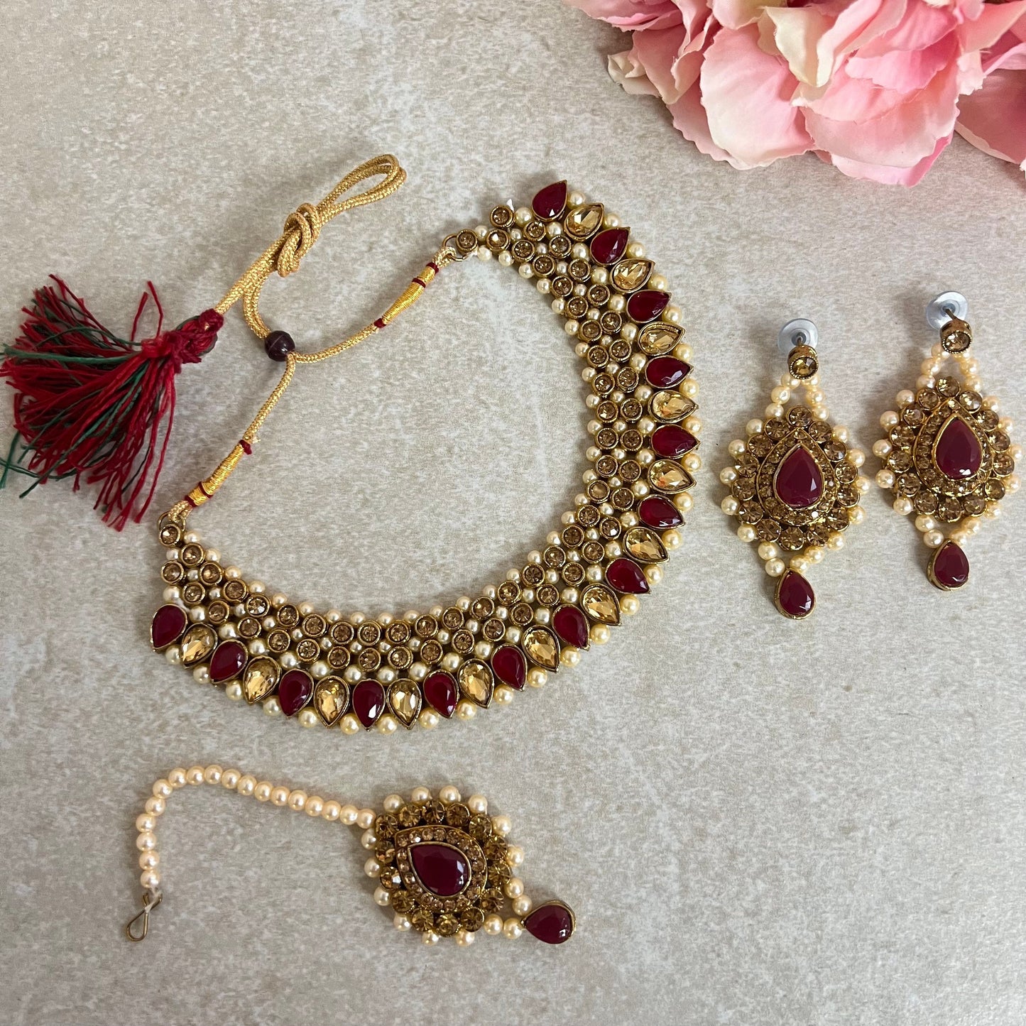Ruby/ Maroon/Dark Purple Gold Rhinestone Necklace Set Earring and Tikka/  Indian/ Pakistani/Fashion Jewellery/ Gift for Women/ Diwali/ Eid/